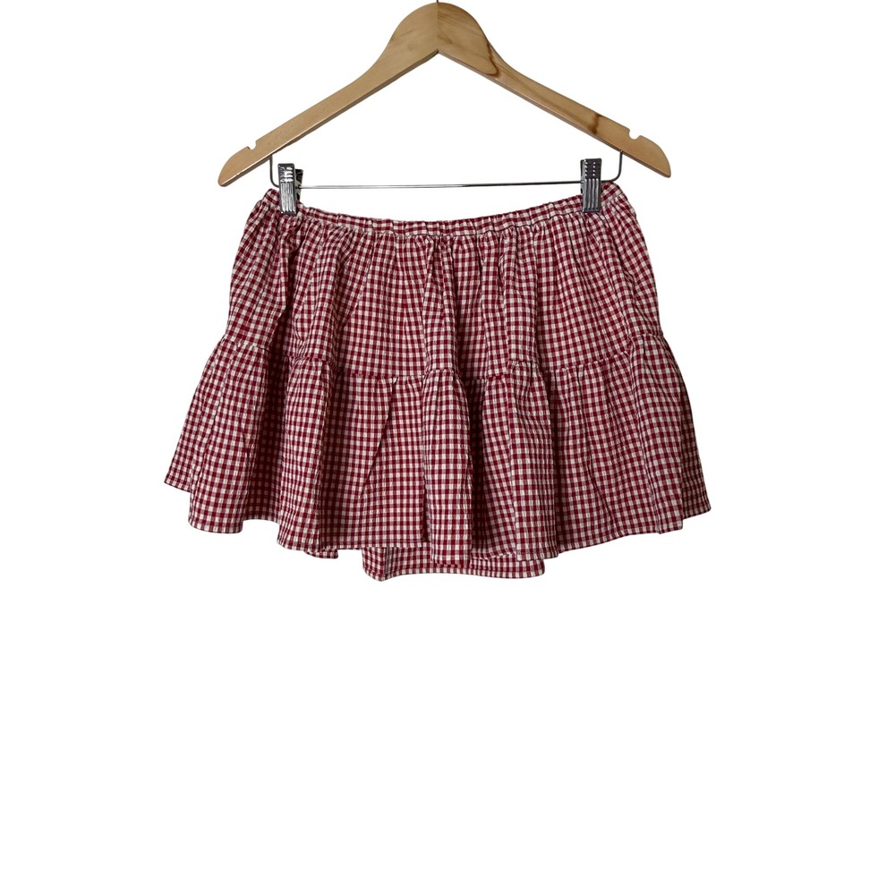 WAYF Red White Gingham Tiered Mini Skirt Elastic Waist Lined Size Small NWT